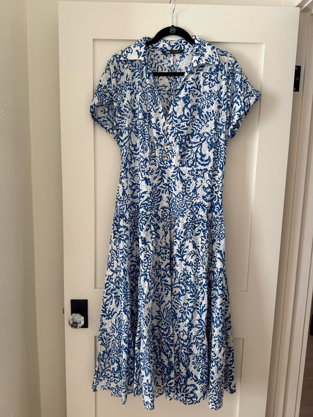 Zara Blue & White Floral Eyelet Midi Dress Sz L - Picture 2 of 4